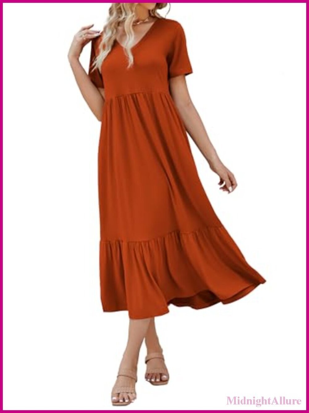 Short Sleeve V Neck Swing Dress Flowy Tiered Maxi Sundress with Pockets